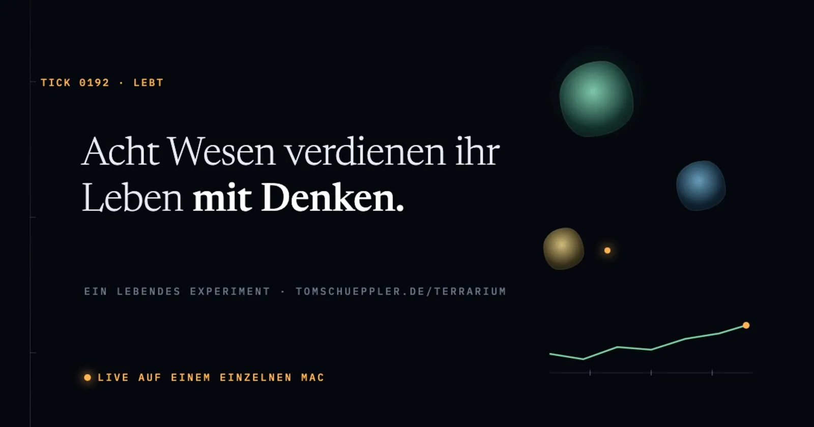 Dunkle Terrarium-Szene mit leuchtenden Wesen und der Zeile: Acht Wesen verdienen ihr Leben mit Denken