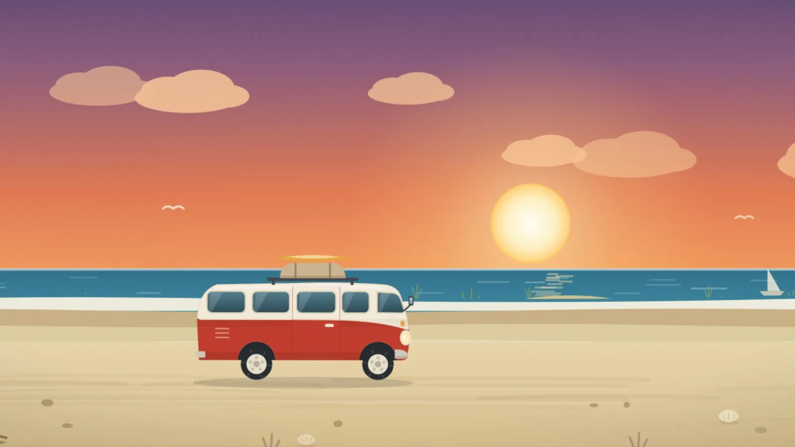 Illustrierter roter Bulli parkt am Strand vor dem Sonnenuntergang, Szene aus dem Scroll-Film Losfahren